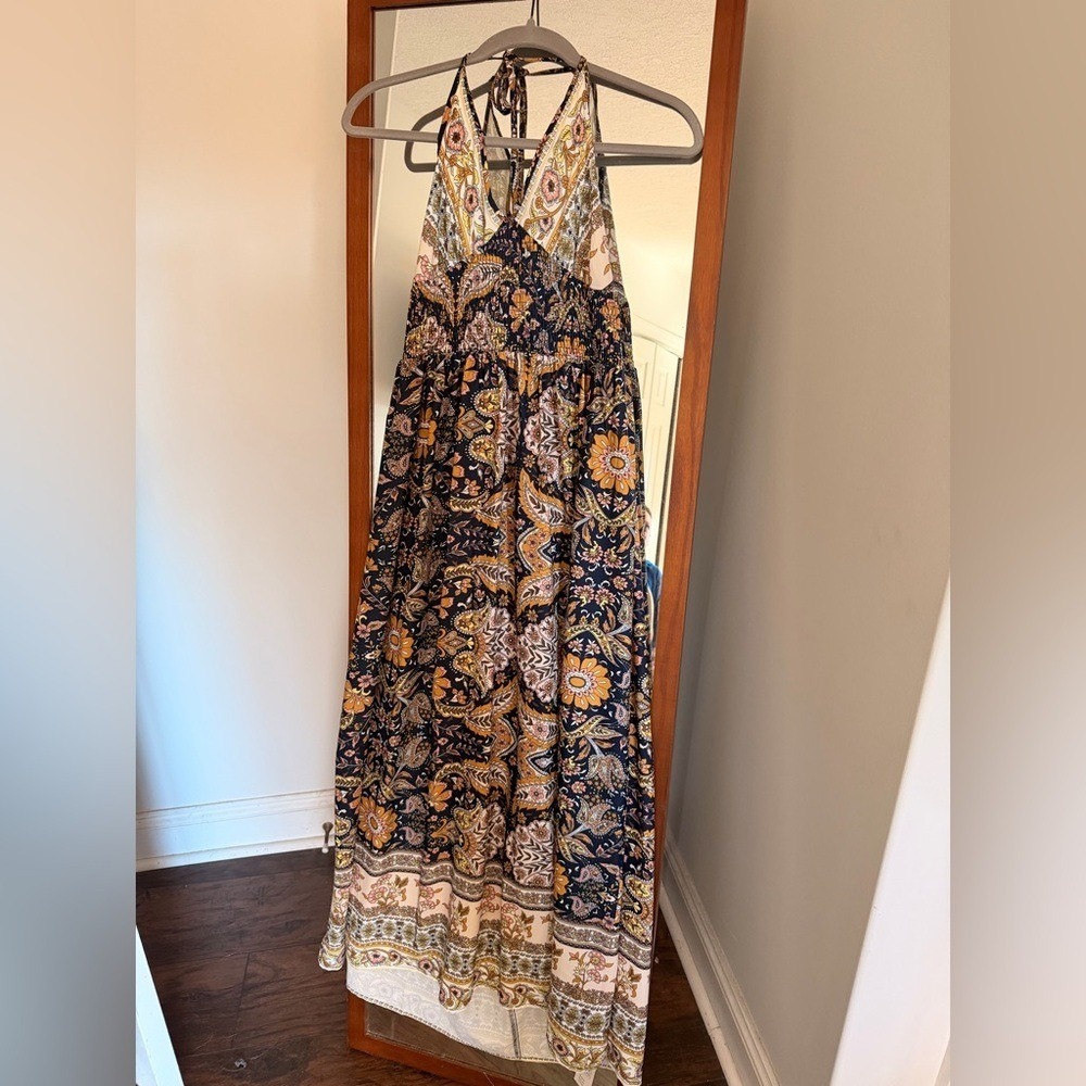 Bohemian Navy and Mustard Floral Halter Maxi Dress